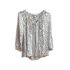 Como Vtg White Gray Floral Print Tie Neck Boho  Casual Blouse Top Womens Large